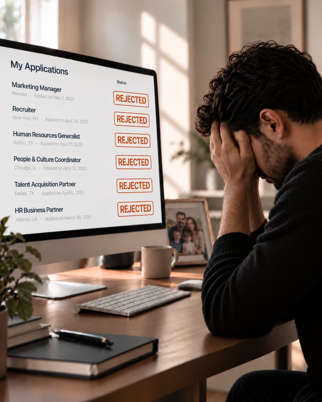 A job seeker sits with his head in his hands at a desk, beside a screen listing six applications, every one marked rejected.